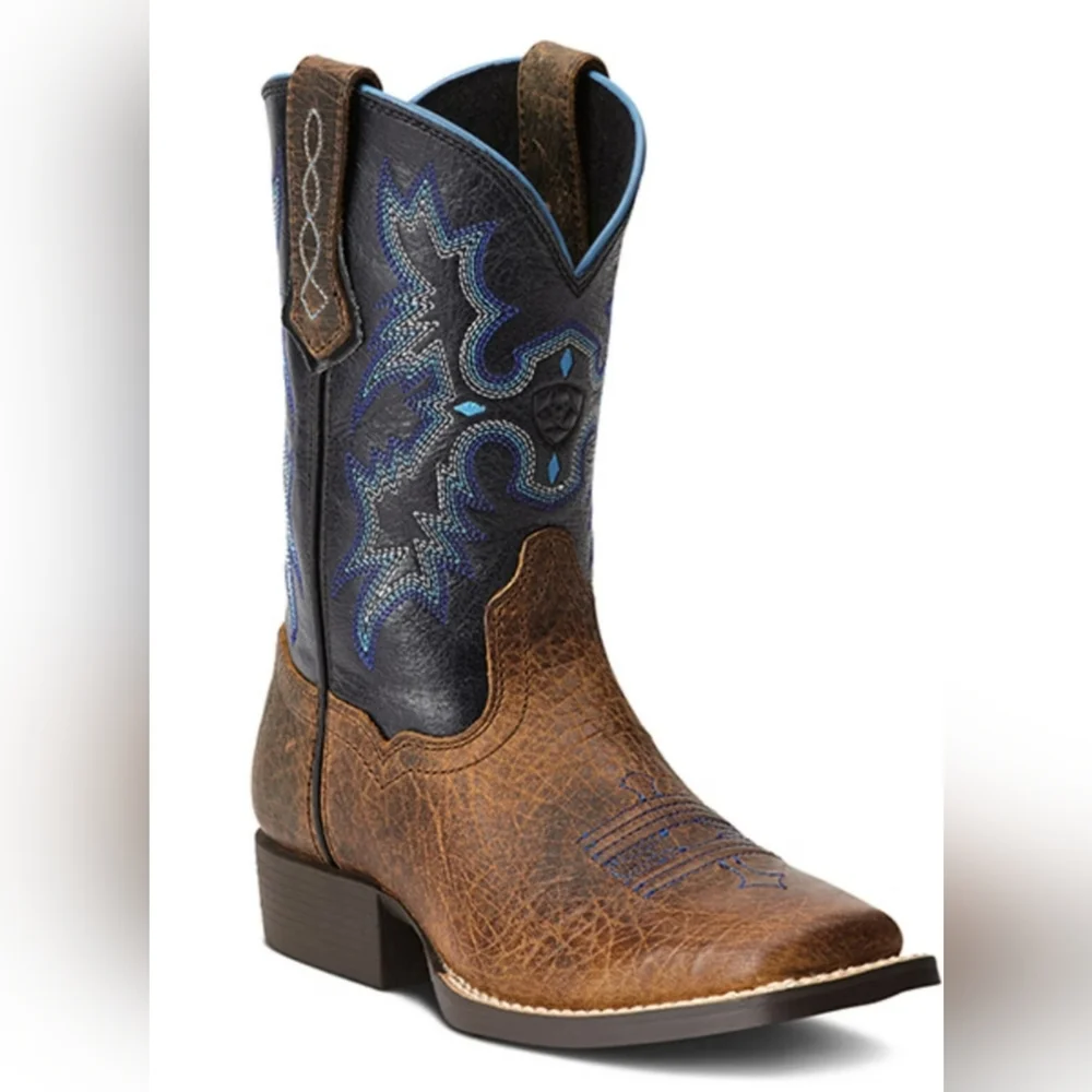 Ariat Tombstone Boys Western Boots Brown Blue Square Toe Size 4 Leather 4LR